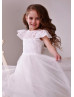 Cap Sleeve Ivory Lace Tulle Tea Length Flower Girl Dress